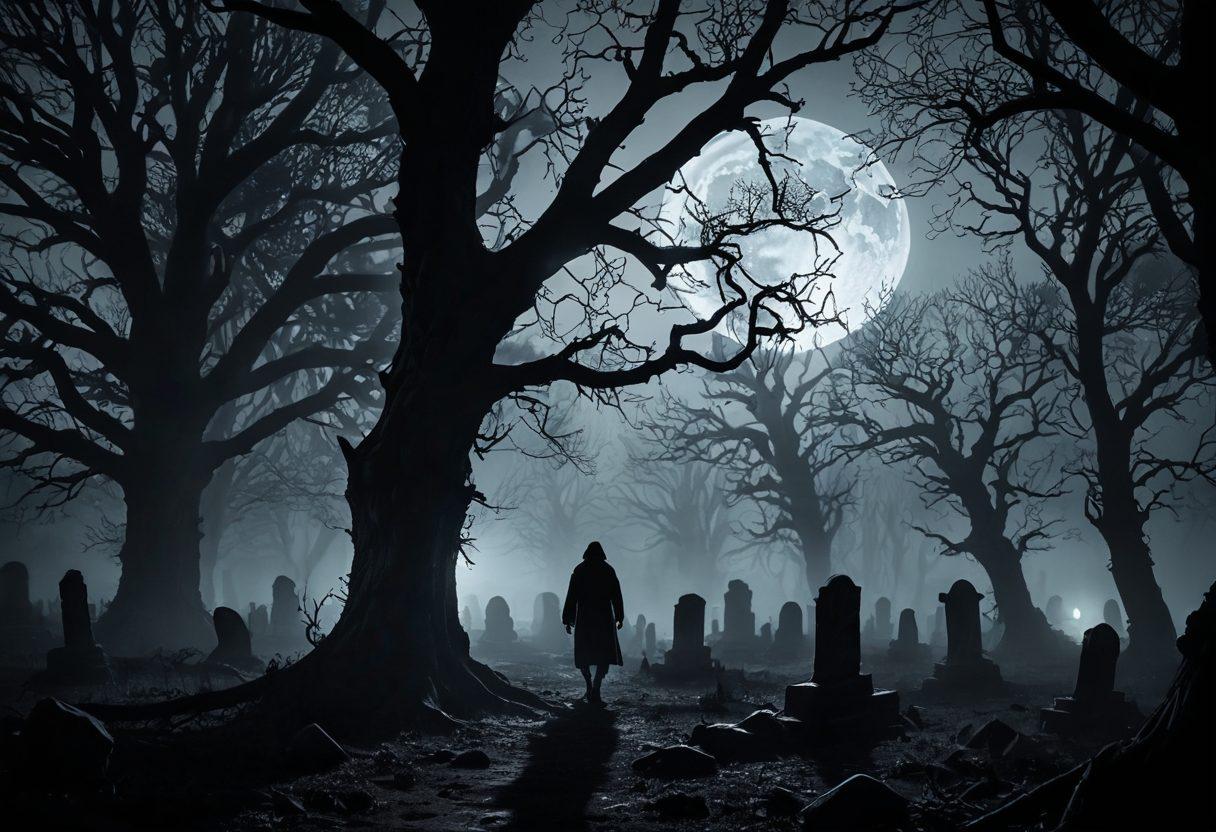 A haunting forest engulfed in mist, with shadowy figures lurking among twisted trees. The ground is littered with ancient tombstones, and an eerie full moon casts a ghostly light over the scene. In the foreground, a traveler with a lantern shows a look of both fear and curiosity. The atmosphere conveys suspense and the unknown, inviting the viewer into a thrilling adventure. dark tones, high contrast. super-realistic.