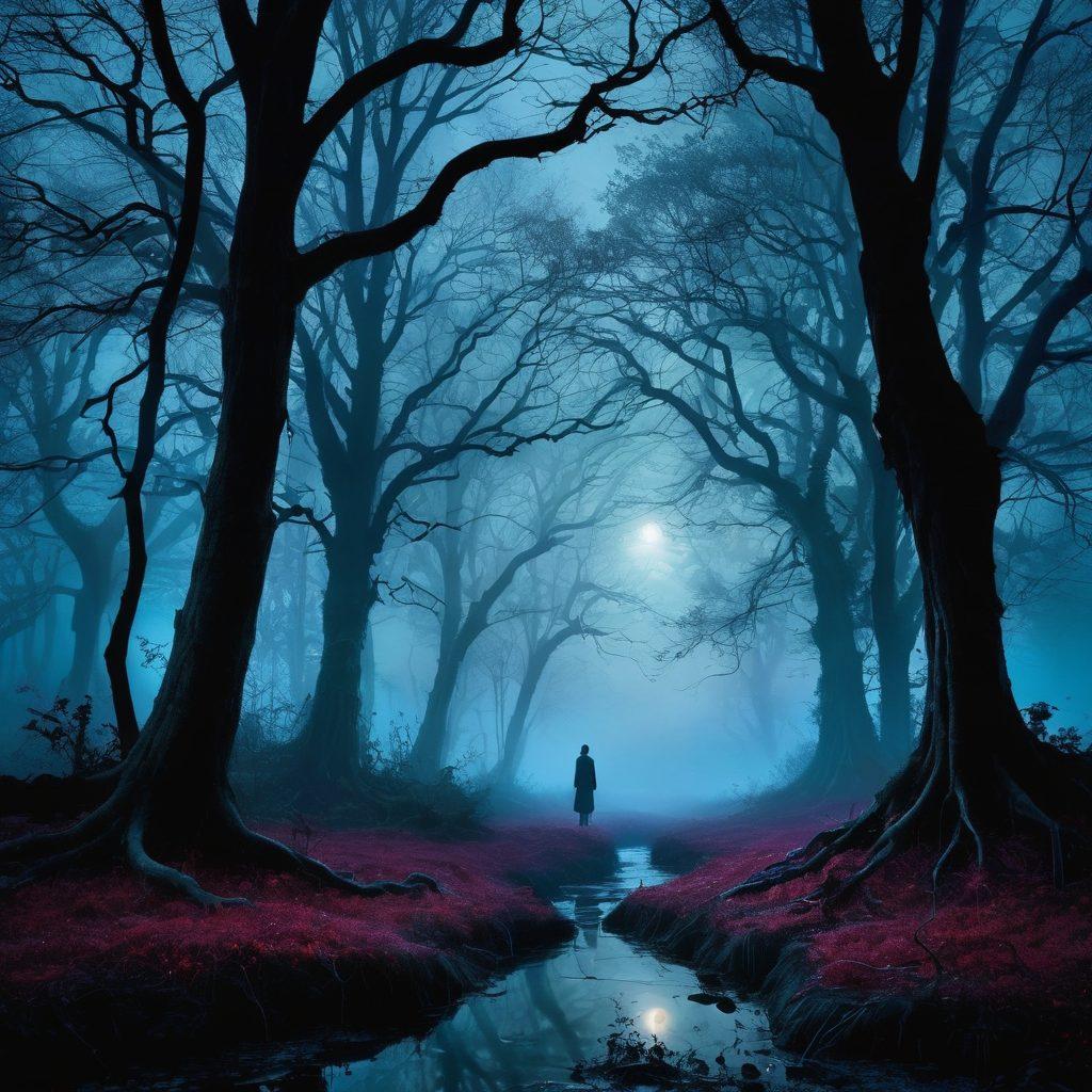 A hauntingly beautiful landscape showcasing dark, twisted trees casting sinister shadows under a pale moonlight. In the foreground, a whimsical figure is surrounded by glowing, ethereal fables emerging from the forest, blending the eerie with the fantastical. A misty atmosphere enhances the mysterious allure of the scene, inviting viewers into a world of eerie encounters and captivating tales. surreal art. vibrant colors. twilight ambiance.