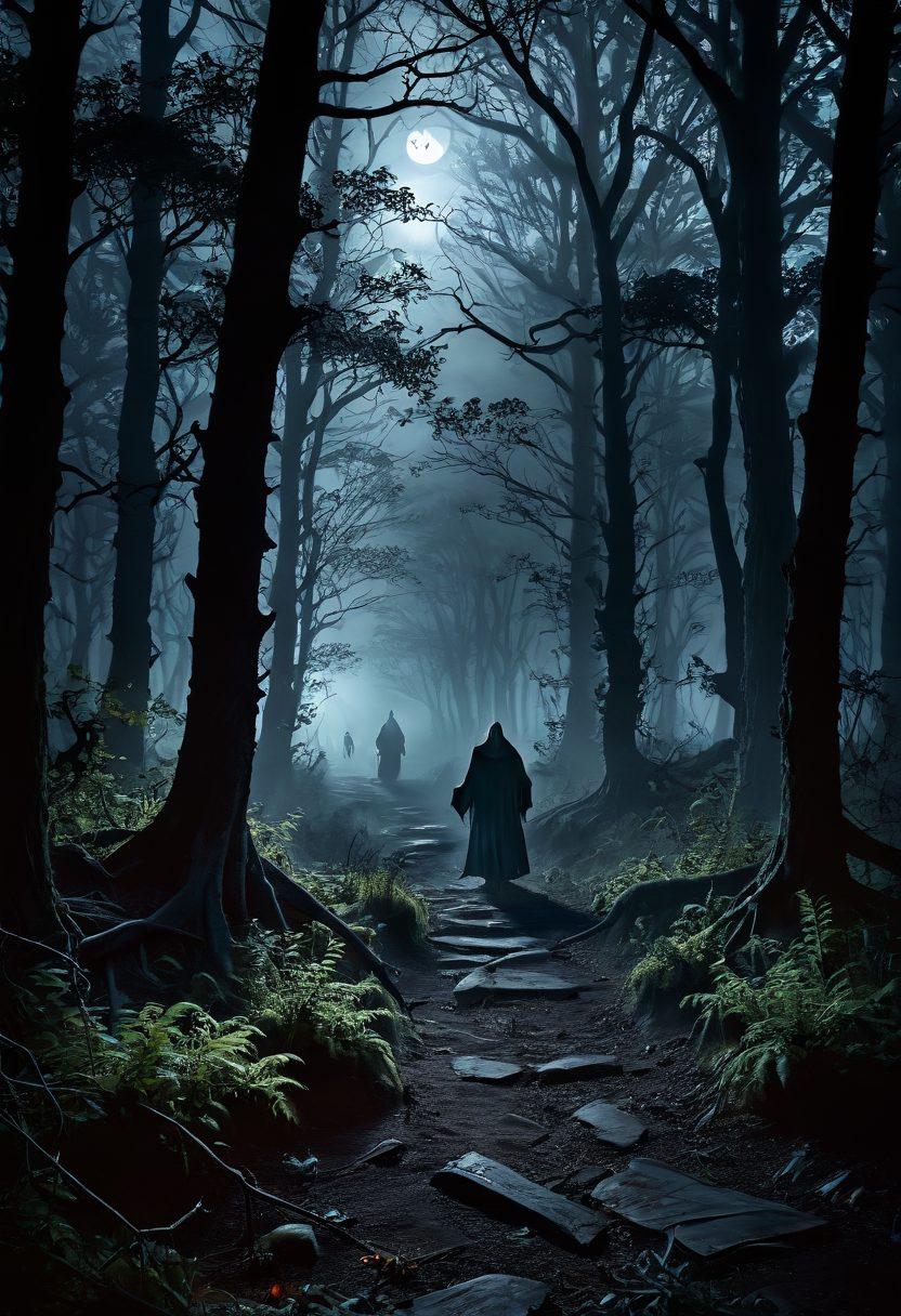 A dark, misty forest with gnarled trees and eerie shadows, where ghostly figures appear in the distance. A winding path leads towards a glowing old book, its pages fluttering as if caught by an unseen wind. Ominous eyes peer from the foliage, while a full moon casts an unsettling glow over the scene. The atmosphere is thick with mystery and suspense, inviting viewers to delve into chilling tales of the unknown. super-realistic. dark colors. vibrant highlights.